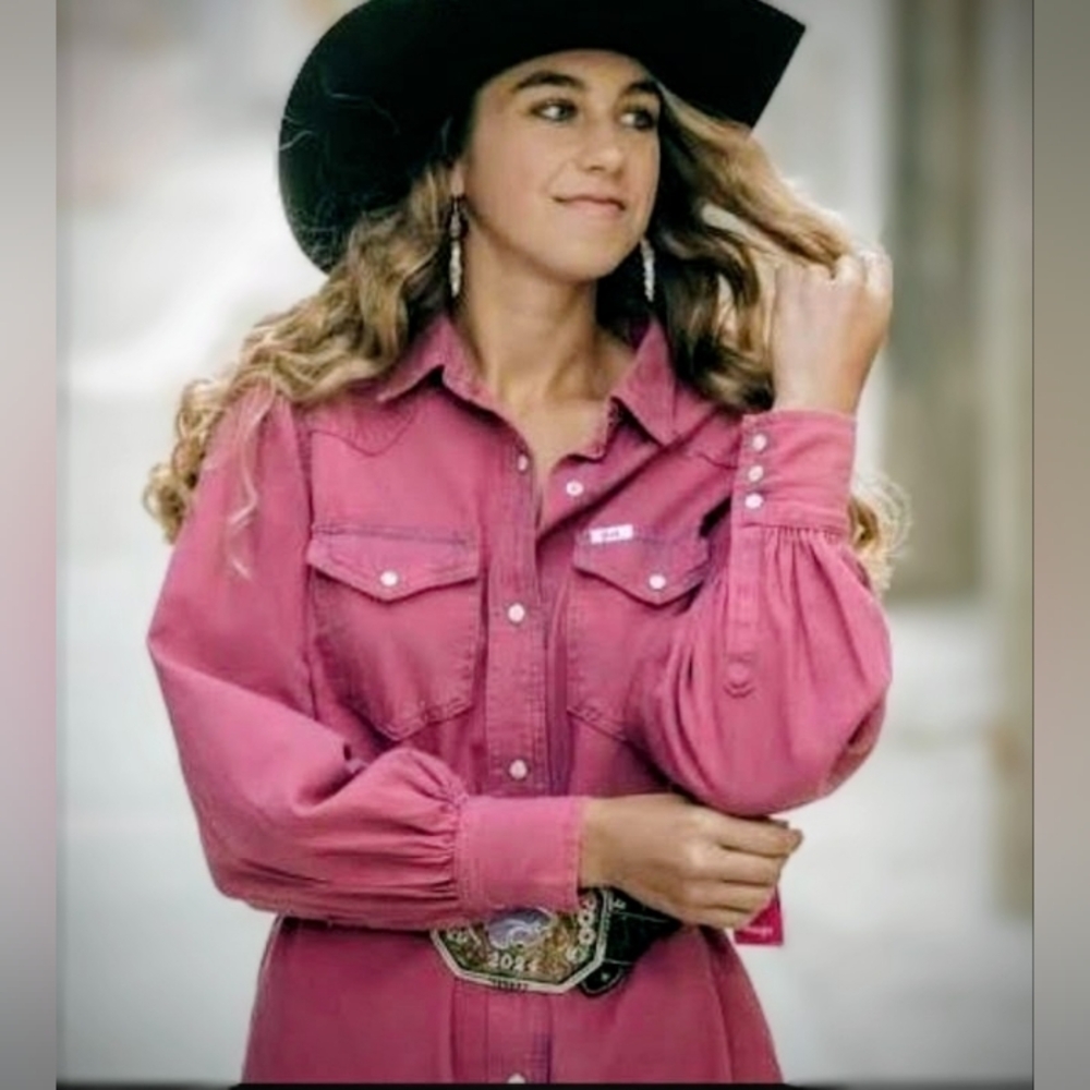 Wrangler Pink Barbie Denim Shirt Dress Sz S Western Cowgirl - Picture 7 of 8